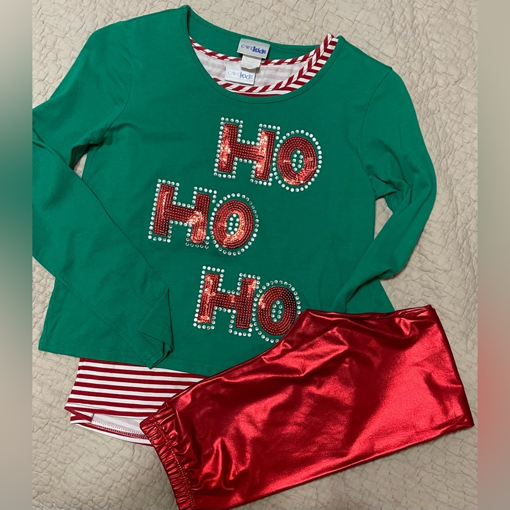 CWD Kids Red Green Top & Leggings HoHoHo Christmas Sz 14 NWOT